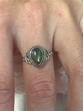 Sterling Silver Teardrop Labradorite Ring - Blue- Green Labradorite - Size 7